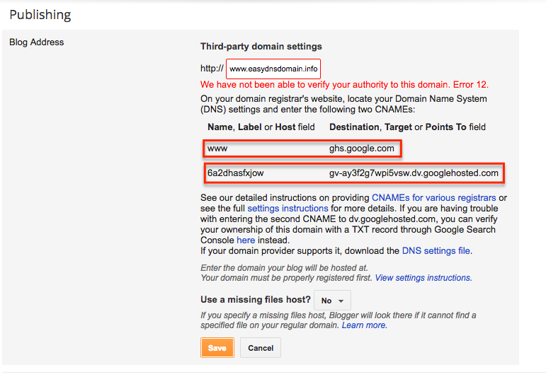 connecting blog blogger blogspot to easydns domain